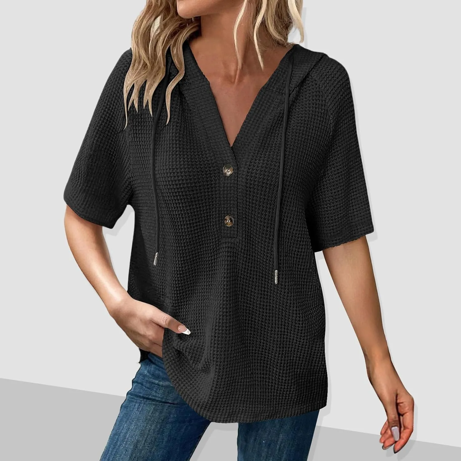 Waffle Knit Short Sleeve Tops for Women Spring Waffle Knit Tops Drawstring Hoodies Button V Neck Casual Blouses Shirts