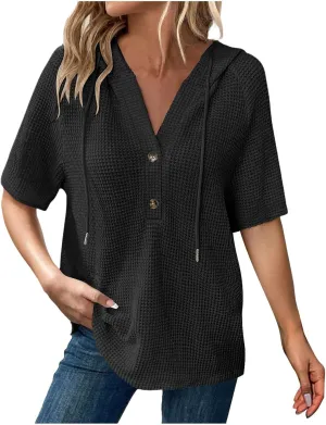 Waffle Knit Short Sleeve Tops for Women Spring Waffle Knit Tops Drawstring Hoodies Button V Neck Casual Blouses Shirts
