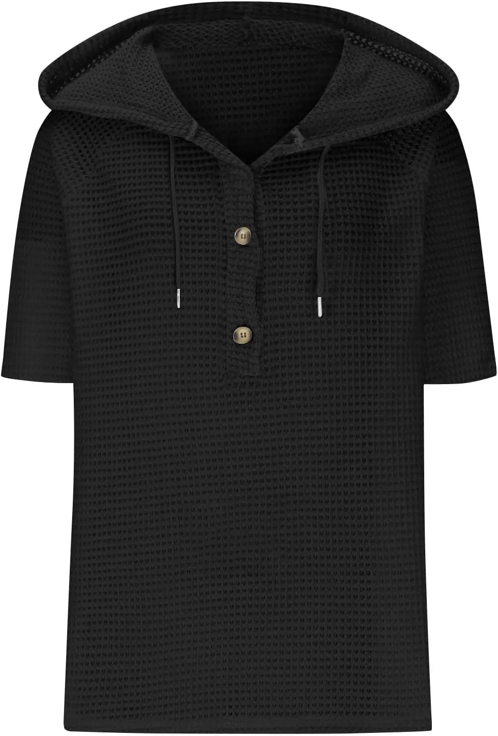 Waffle Knit Short Sleeve Tops for Women Spring Waffle Knit Tops Drawstring Hoodies Button V Neck Casual Blouses Shirts