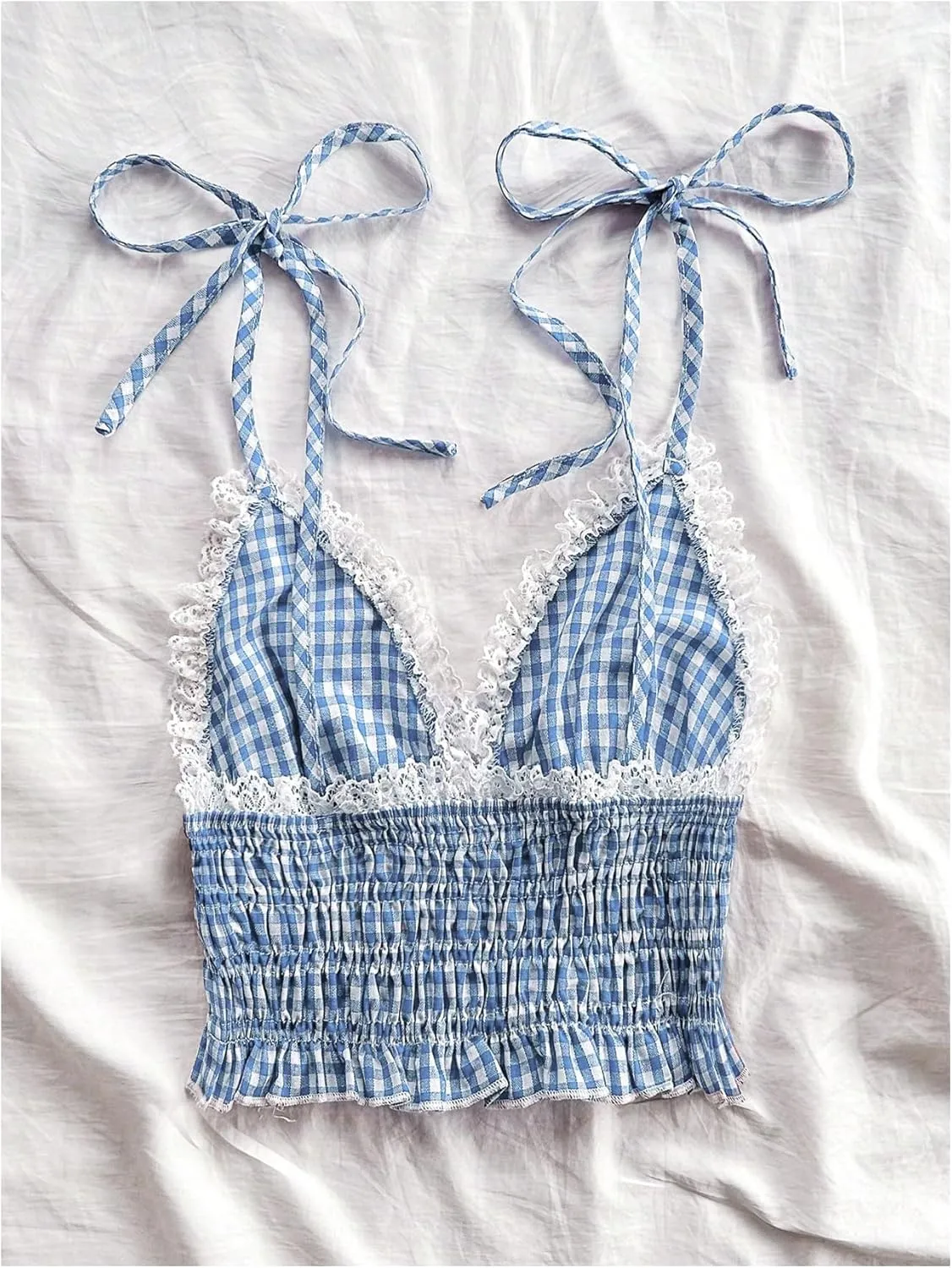 WDIRARA Women's Gingham Cami Crop Tops Plaid Contrast Lace V Neck Camisole Tops