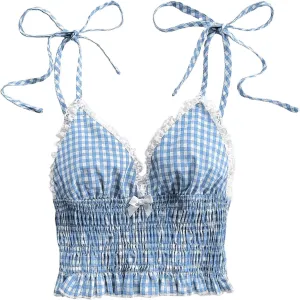 WDIRARA Women's Gingham Cami Crop Tops Plaid Contrast Lace V Neck Camisole Tops