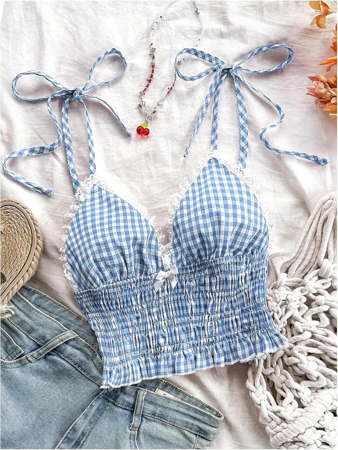 WDIRARA Women's Gingham Cami Crop Tops Plaid Contrast Lace V Neck Camisole Tops