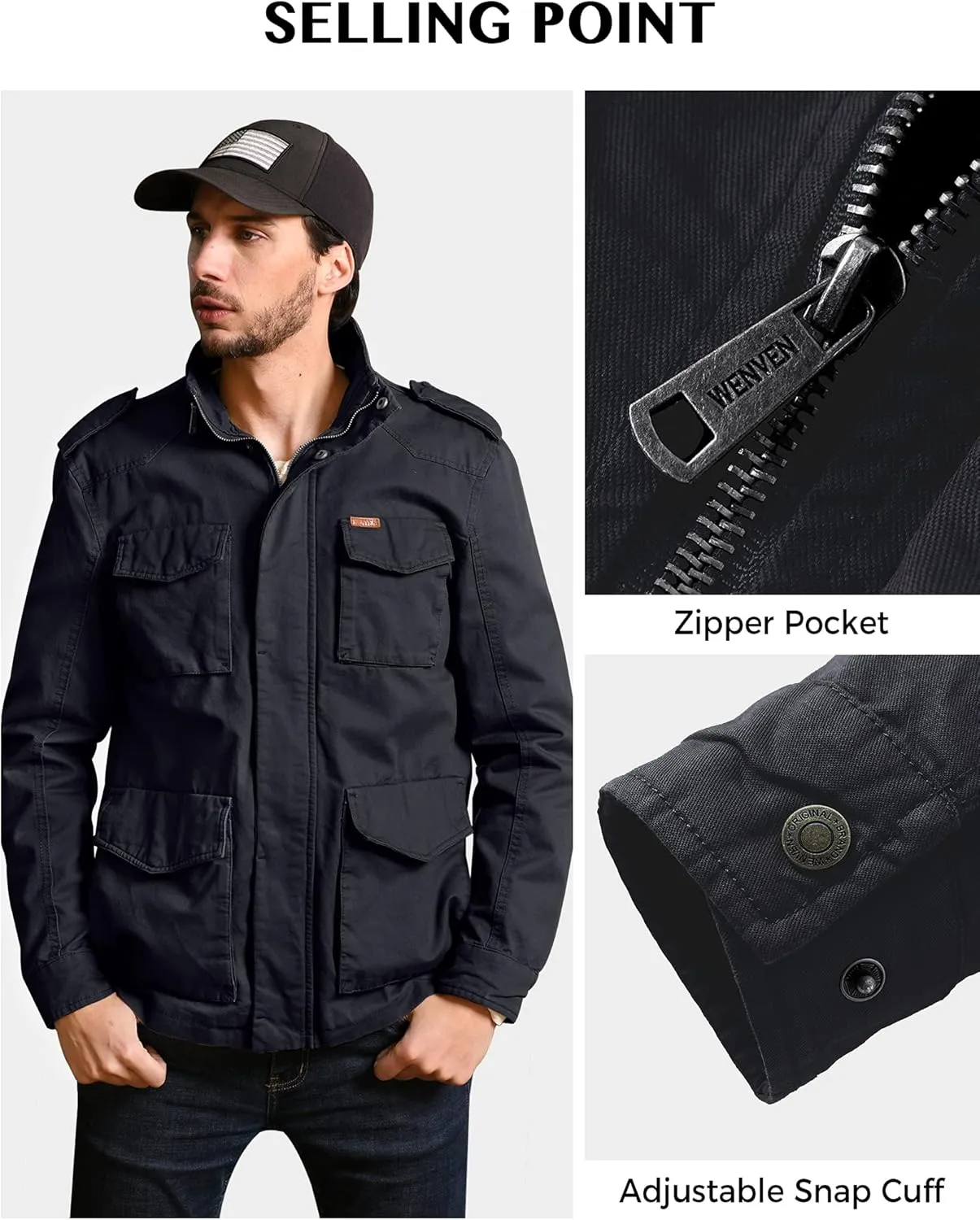 WenVen Men's Lightweight Military Style Jacket Twill Cotton Windbreaker