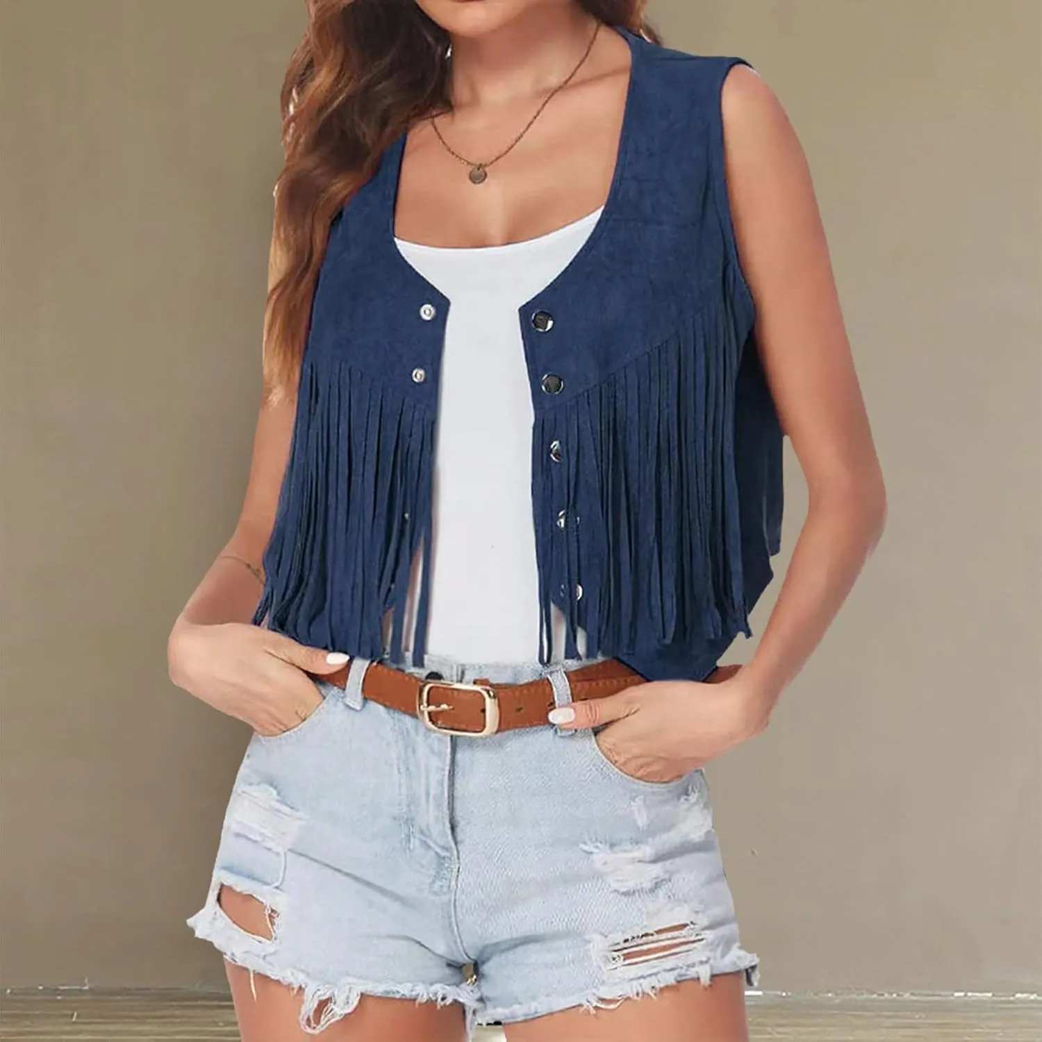 Western Fringe Vest Tops Womens Classic Suede Leather 70s Cowboy Shirt Rodeo Outfits Sleeveless Hippie Tassel Jackets