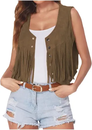 Western Fringe Vest Tops Womens Classic Suede Leather 70s Cowboy Shirt Rodeo Outfits Sleeveless Hippie Tassel Jackets