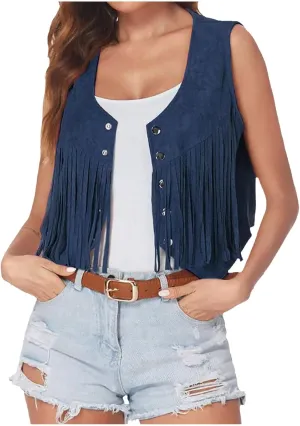 Western Fringe Vest Tops Womens Classic Suede Leather 70s Cowboy Shirt Rodeo Outfits Sleeveless Hippie Tassel Jackets