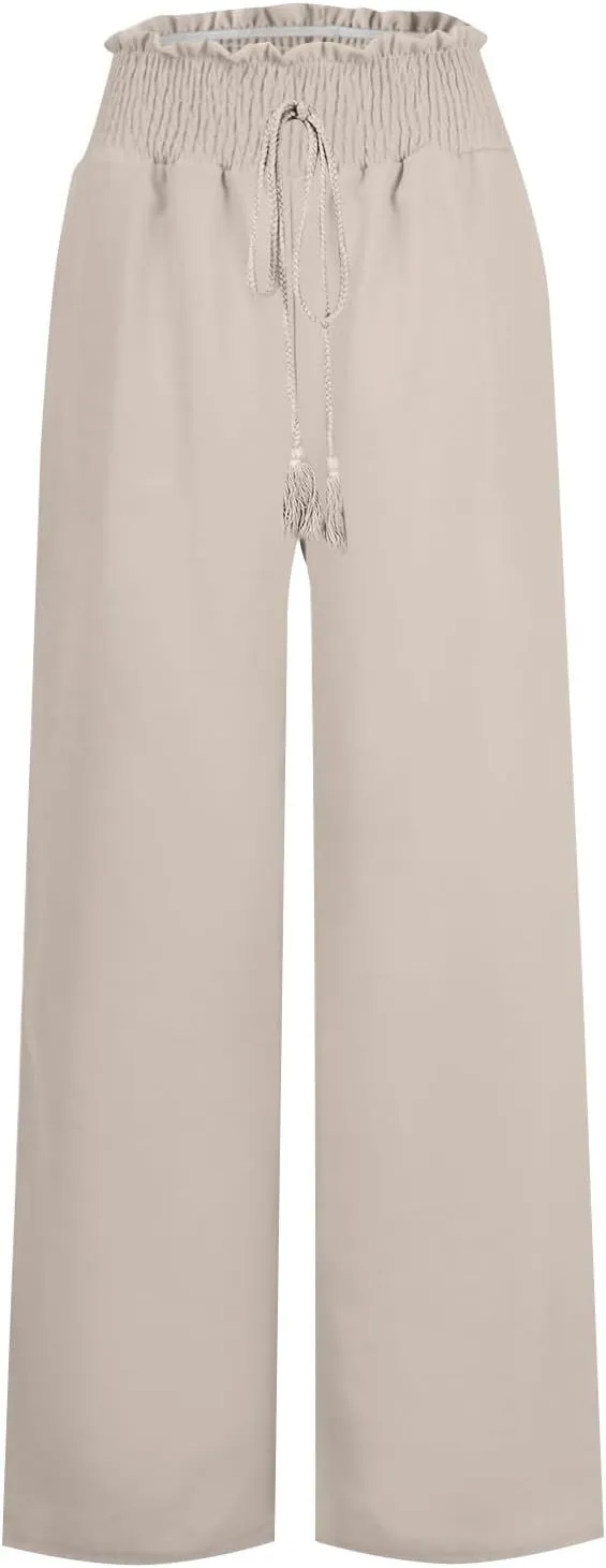 Wide Leg Linen Pants for Women Summer Drawstring Elastic High Waist Casual Boho Trousers Palazzo Flowy Pants with Pocket