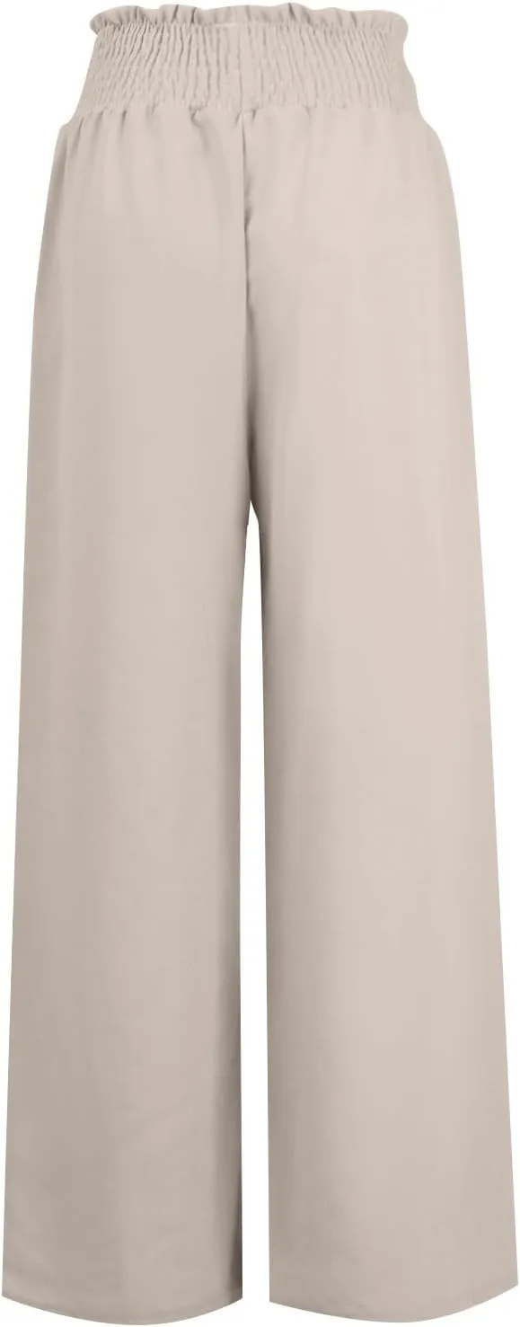 Wide Leg Linen Pants for Women Summer Drawstring Elastic High Waist Casual Boho Trousers Palazzo Flowy Pants with Pocket