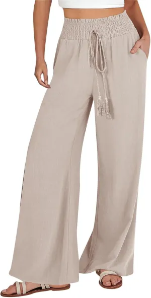 Wide Leg Linen Pants for Women Summer Drawstring Elastic High Waist Casual Boho Trousers Palazzo Flowy Pants with Pocket