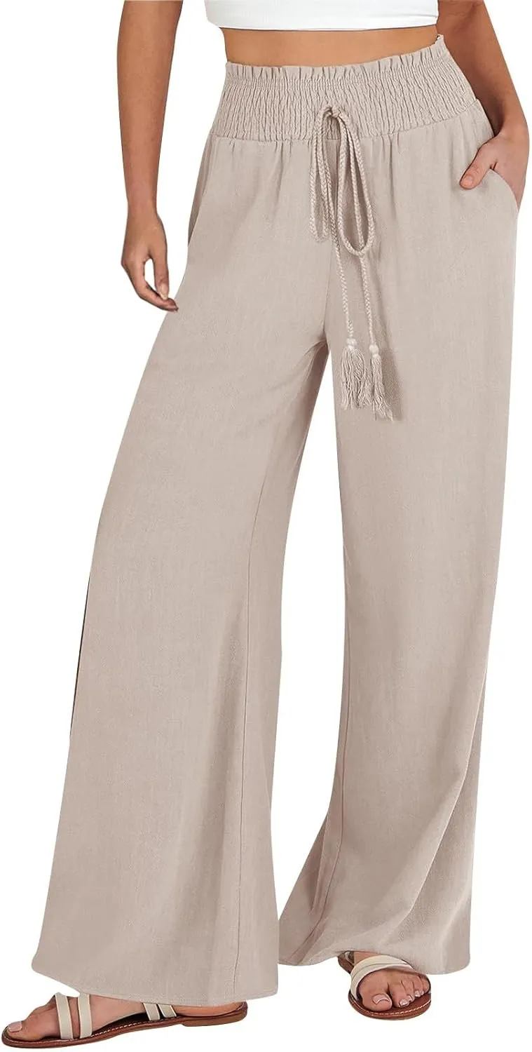 Wide Leg Linen Pants for Women Summer Drawstring Elastic High Waist Casual Boho Trousers Palazzo Flowy Pants with Pocket