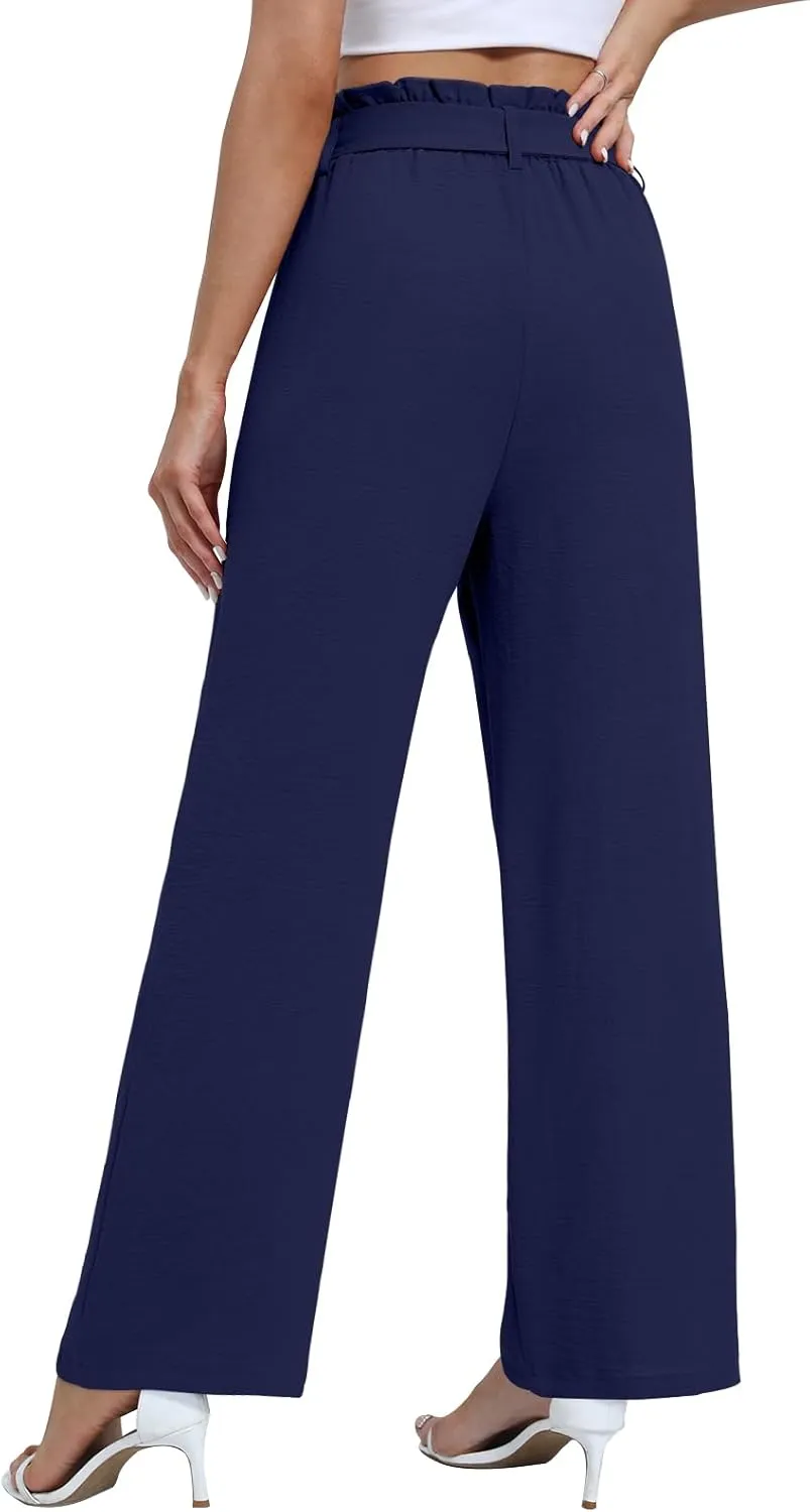 Wide Leg Pants for Women 2024 High Waisted Palazzo Pants with Pockets Adjustable Tie Knot Flowy Trousers