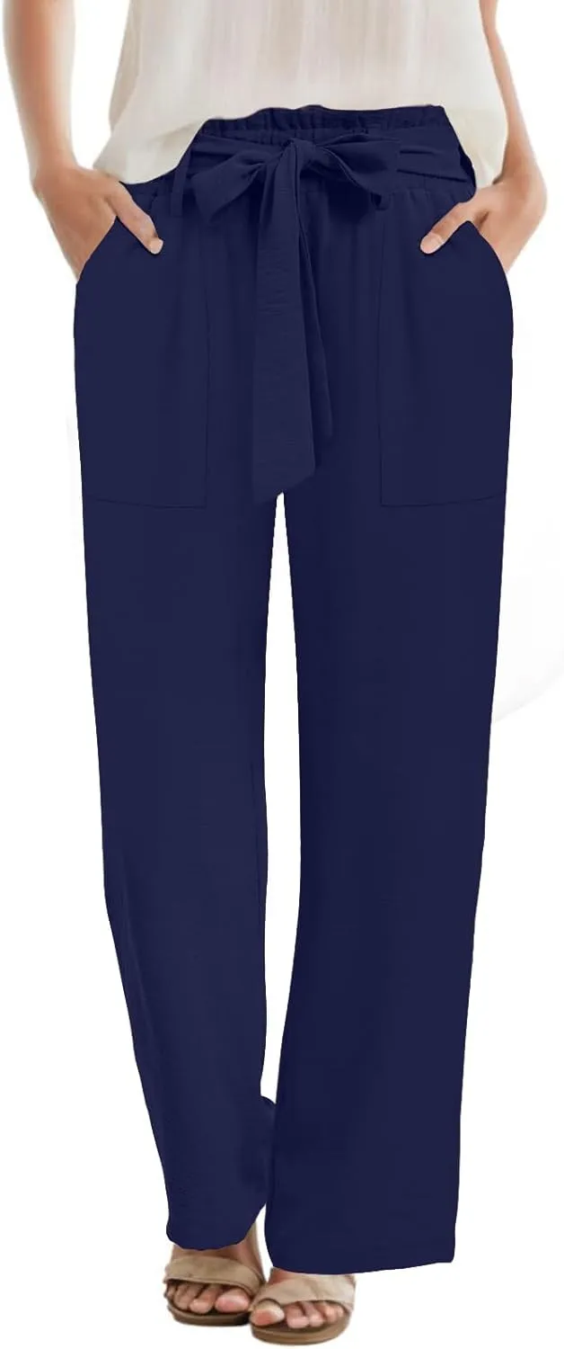 Wide Leg Pants for Women 2024 High Waisted Palazzo Pants with Pockets Adjustable Tie Knot Flowy Trousers