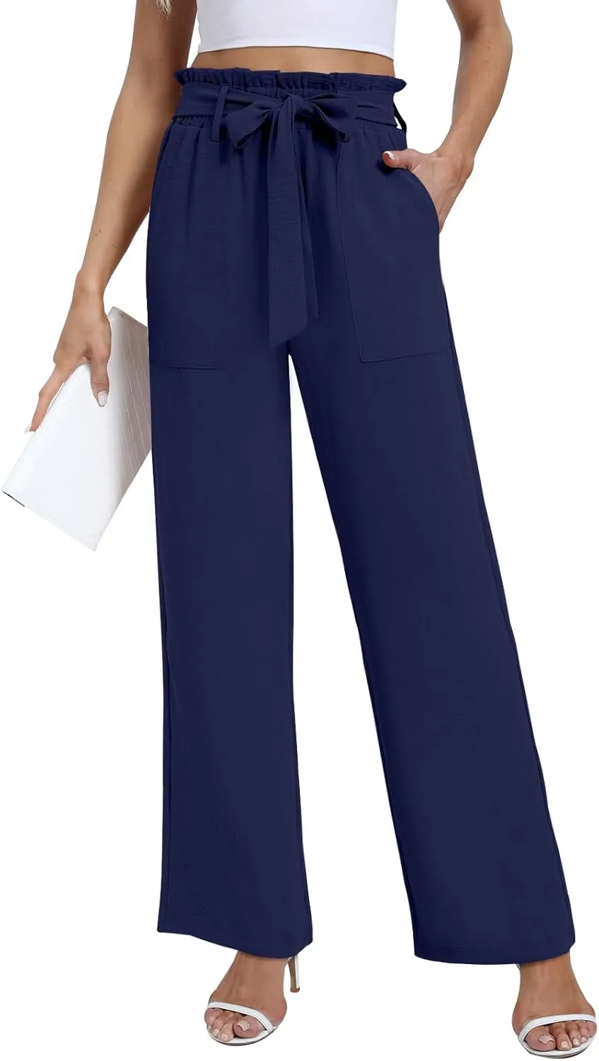 Wide Leg Pants for Women 2024 High Waisted Palazzo Pants with Pockets Adjustable Tie Knot Flowy Trousers