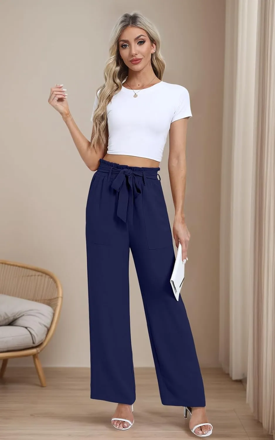 Wide Leg Pants for Women 2024 High Waisted Palazzo Pants with Pockets Adjustable Tie Knot Flowy Trousers