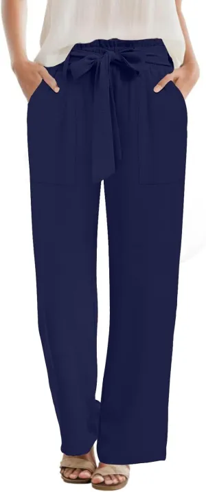 Wide Leg Pants for Women 2024 High Waisted Palazzo Pants with Pockets Adjustable Tie Knot Flowy Trousers
