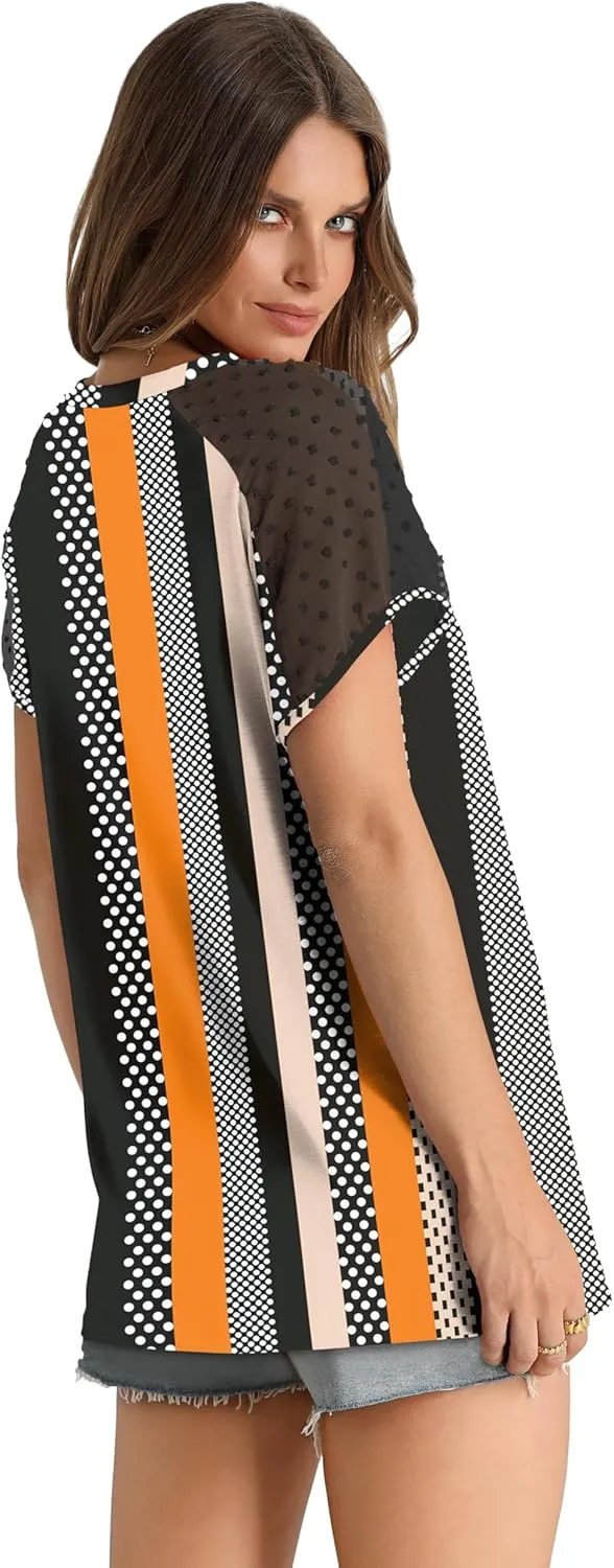 WIHOLL Summer Tops for Women V Neck T-Shirts Swiss Dot Short Sleeve Shirts Casual Fashion Blouses