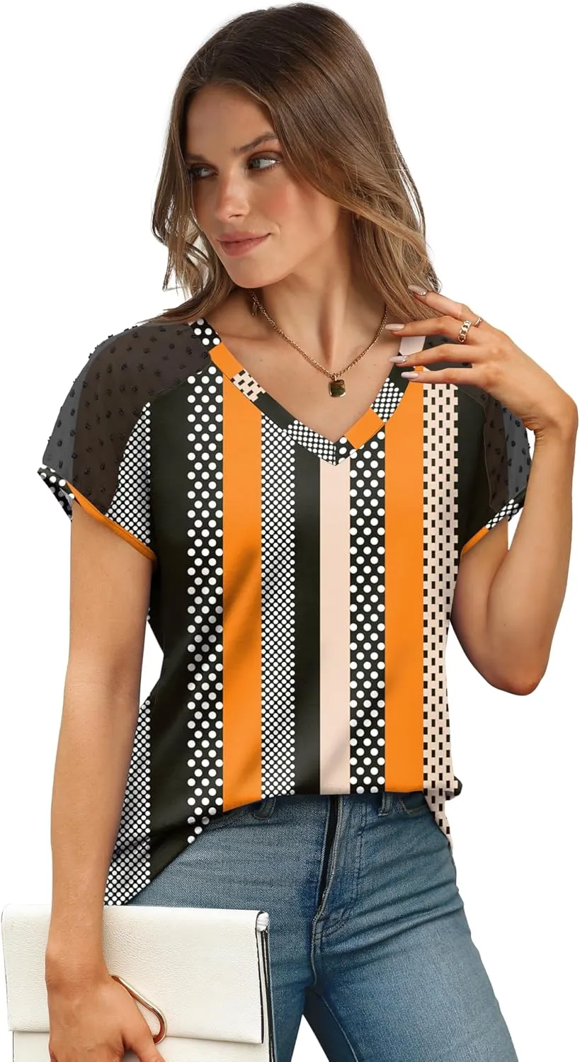 WIHOLL Summer Tops for Women V Neck T-Shirts Swiss Dot Short Sleeve Shirts Casual Fashion Blouses