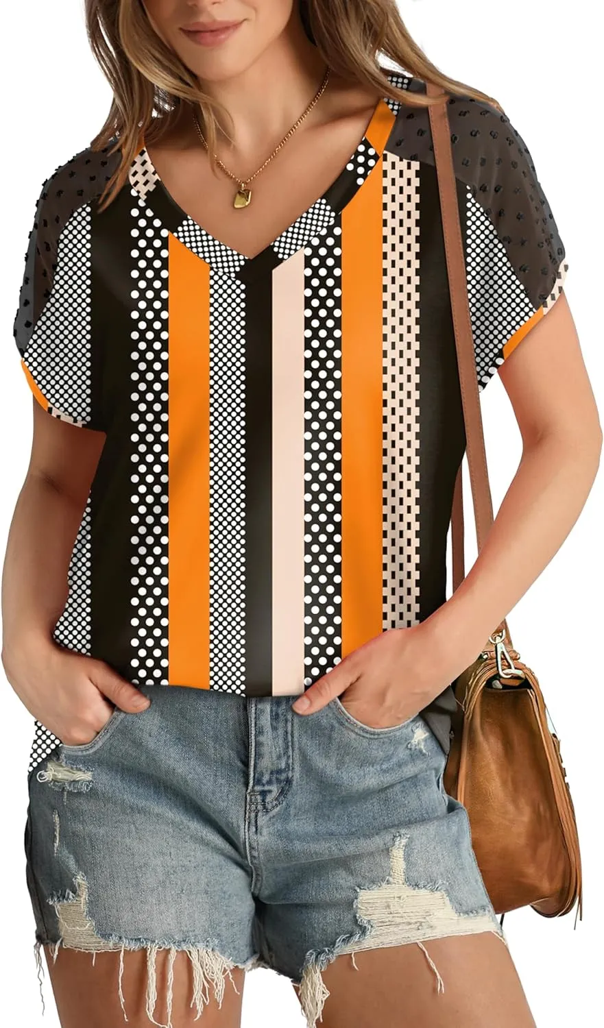 WIHOLL Summer Tops for Women V Neck T-Shirts Swiss Dot Short Sleeve Shirts Casual Fashion Blouses