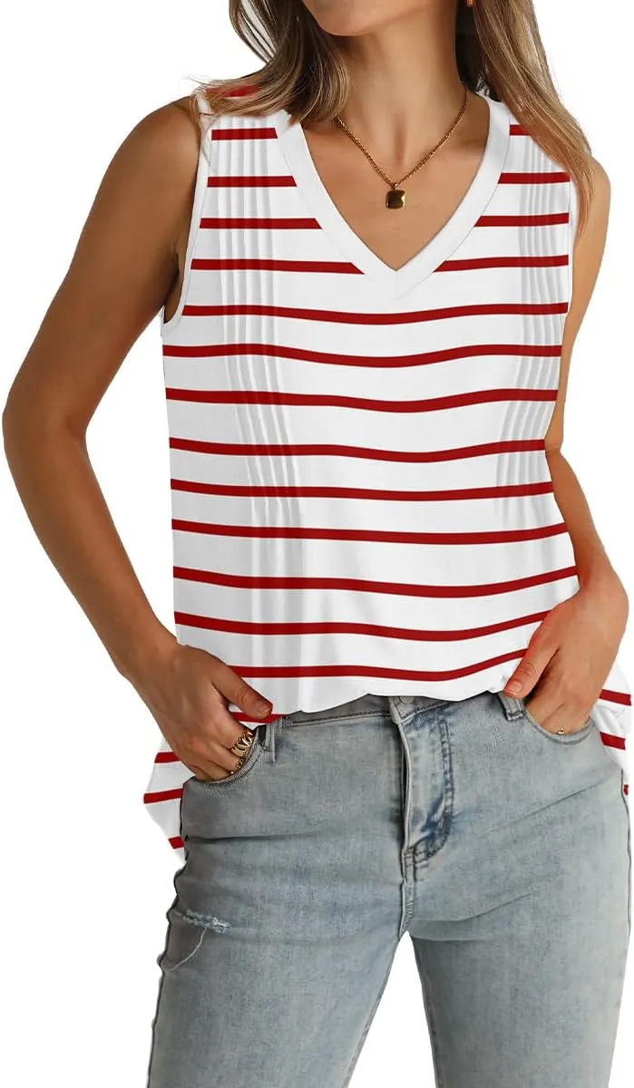 WIHOLL Summer Womens Tank Tops Loose Fit Pleated 2025 V Neck Sleeveless Tops CasualS-3XL