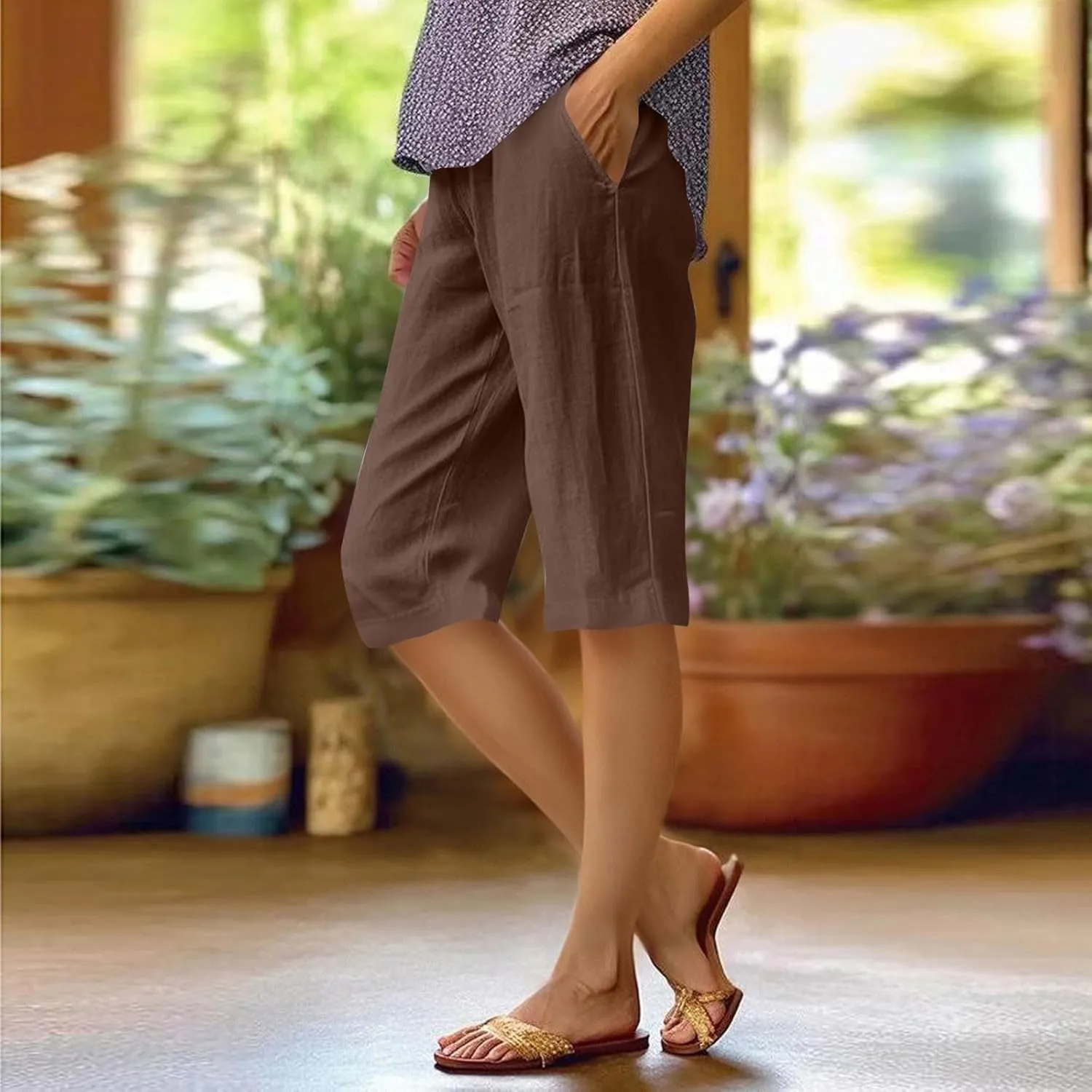 Wkishenl Athletic Shorts for Women Solid High Waisted Elastic Bermuda Short Summer Casual Comfy Linen Pants with Pockets