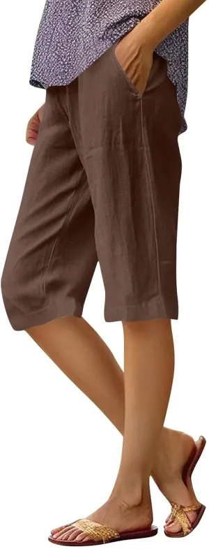Wkishenl Athletic Shorts for Women Solid High Waisted Elastic Bermuda Short Summer Casual Comfy Linen Pants with Pockets