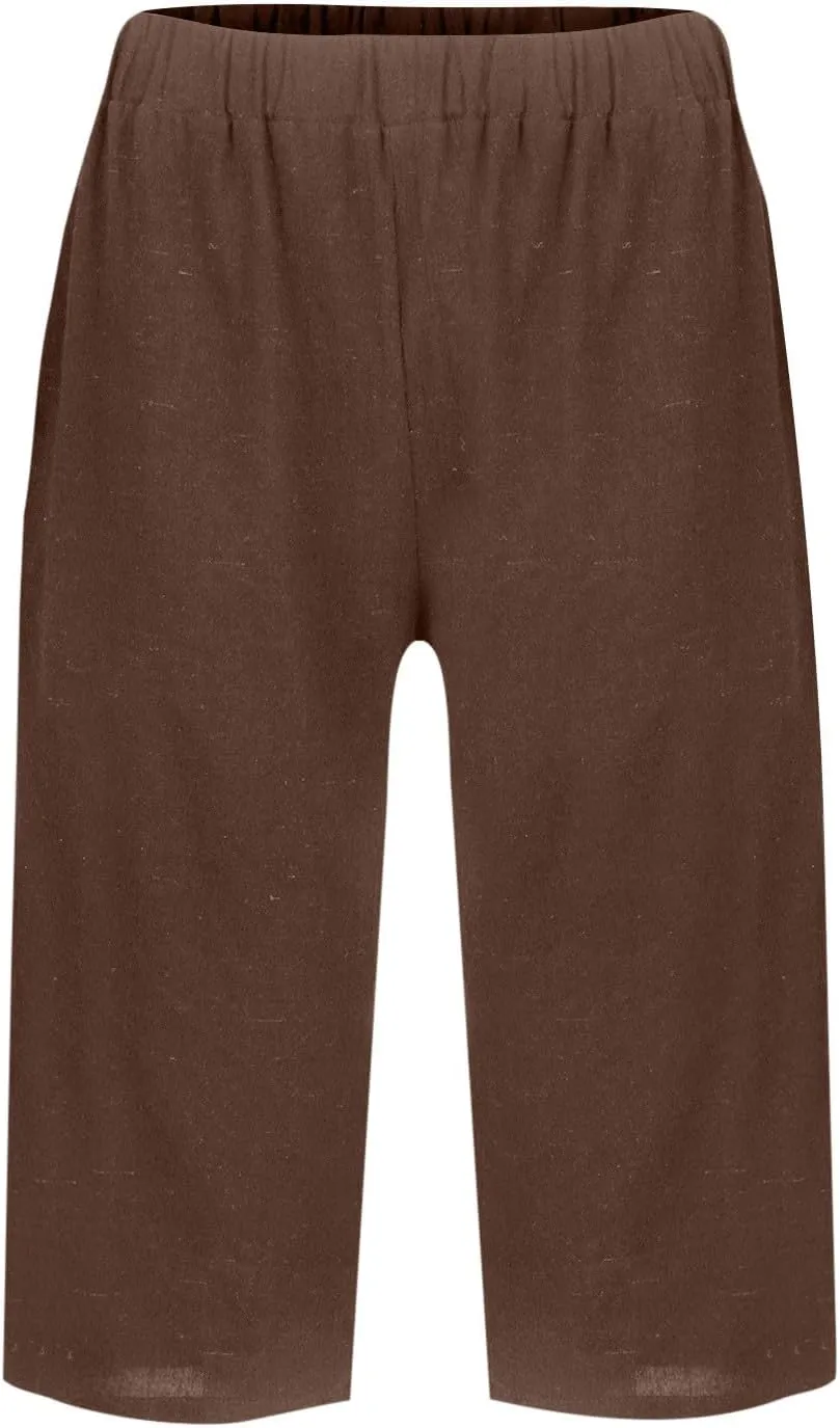 Wkishenl Athletic Shorts for Women Solid High Waisted Elastic Bermuda Short Summer Casual Comfy Linen Pants with Pockets