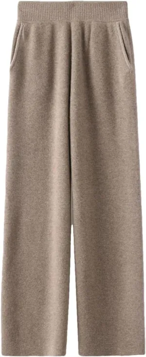Women 100 Percent Merino Wool Knitted Trousers Winter Warm Wide Leg Pants Solid Color with Pocket High Waist Pants