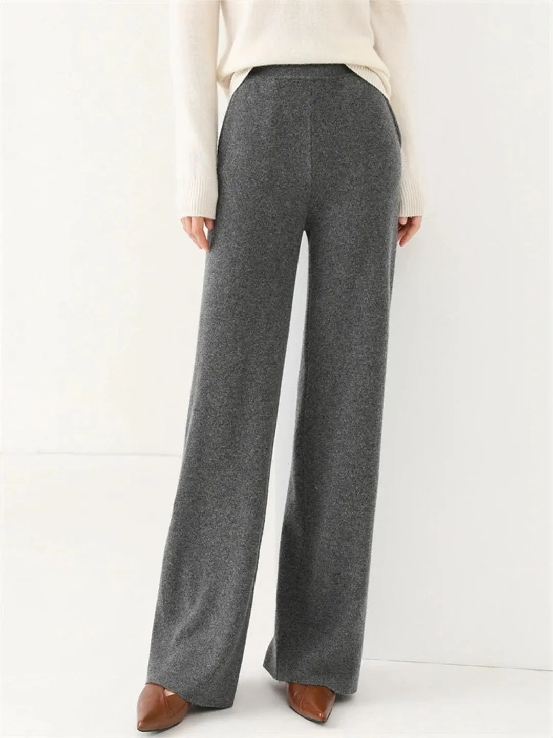 Women 100 Percent Merino Wool Knitted Trousers Winter Warm Wide Leg Pants Solid Color with Pocket High Waist Pants