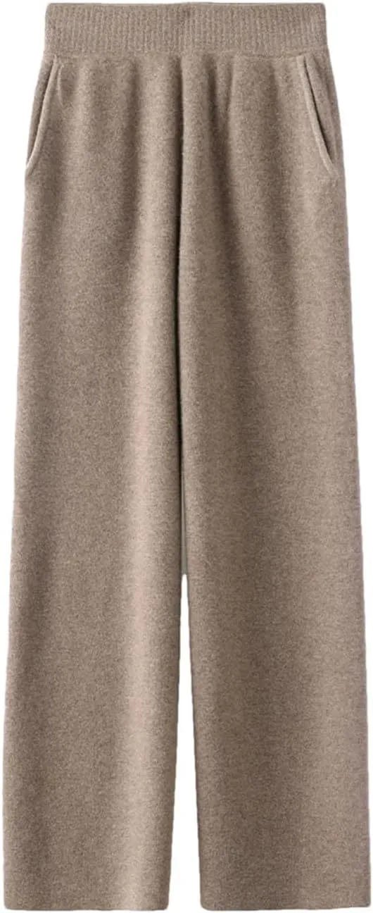 Women 100 Percent Merino Wool Knitted Trousers Winter Warm Wide Leg Pants Solid Color with Pocket High Waist Pants