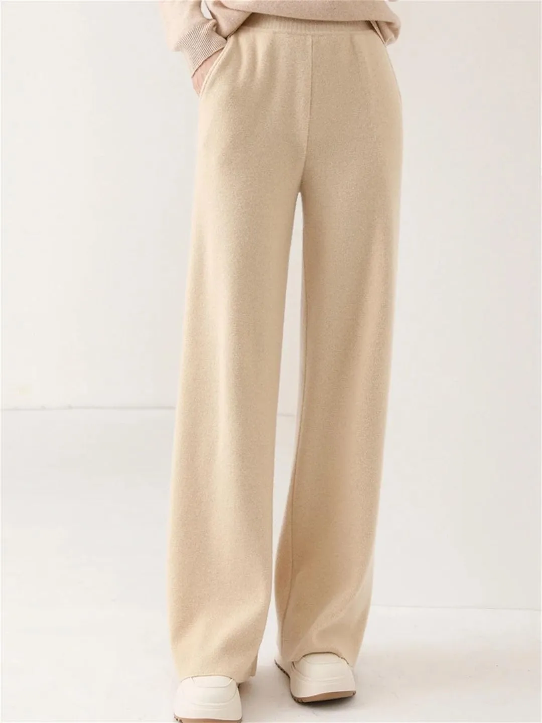 Women 100 Percent Merino Wool Knitted Trousers Winter Warm Wide Leg Pants Solid Color with Pocket High Waist Pants