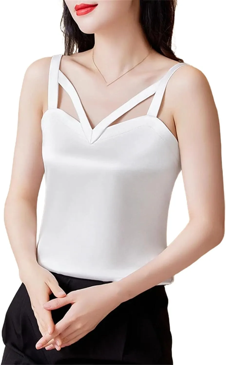 Women Black Camisole Vest Shirt Spring Silk Satin Tank Tops Sleeveless Hollow Out Tops
