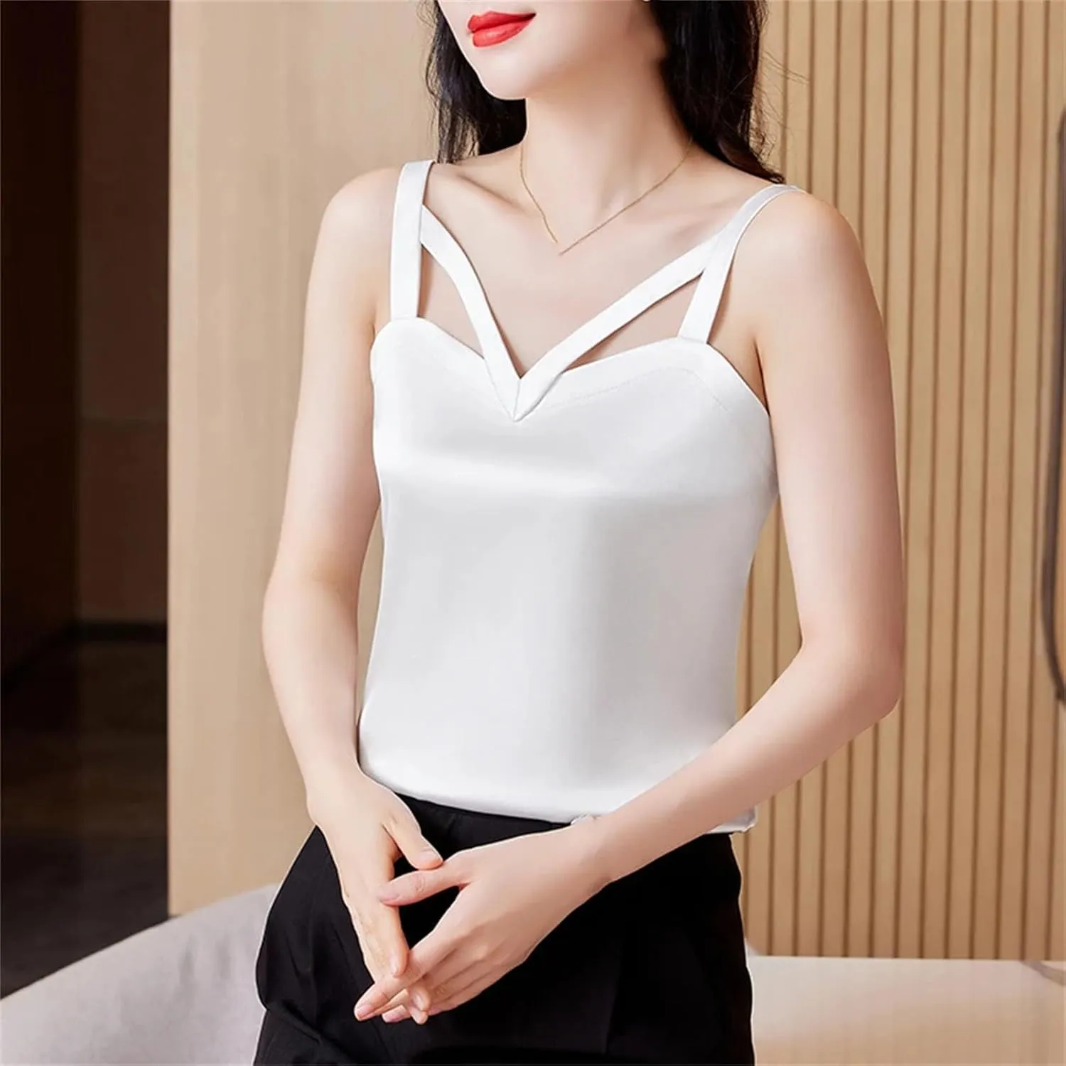 Women Black Camisole Vest Shirt Spring Silk Satin Tank Tops Sleeveless Hollow Out Tops