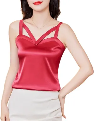 Women Black Camisole Vest Shirt Spring Silk Satin Tank Tops Sleeveless Hollow Out Tops