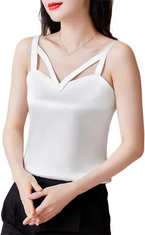 Women Black Camisole Vest Shirt Spring Silk Satin Tank Tops Sleeveless Hollow Out Tops