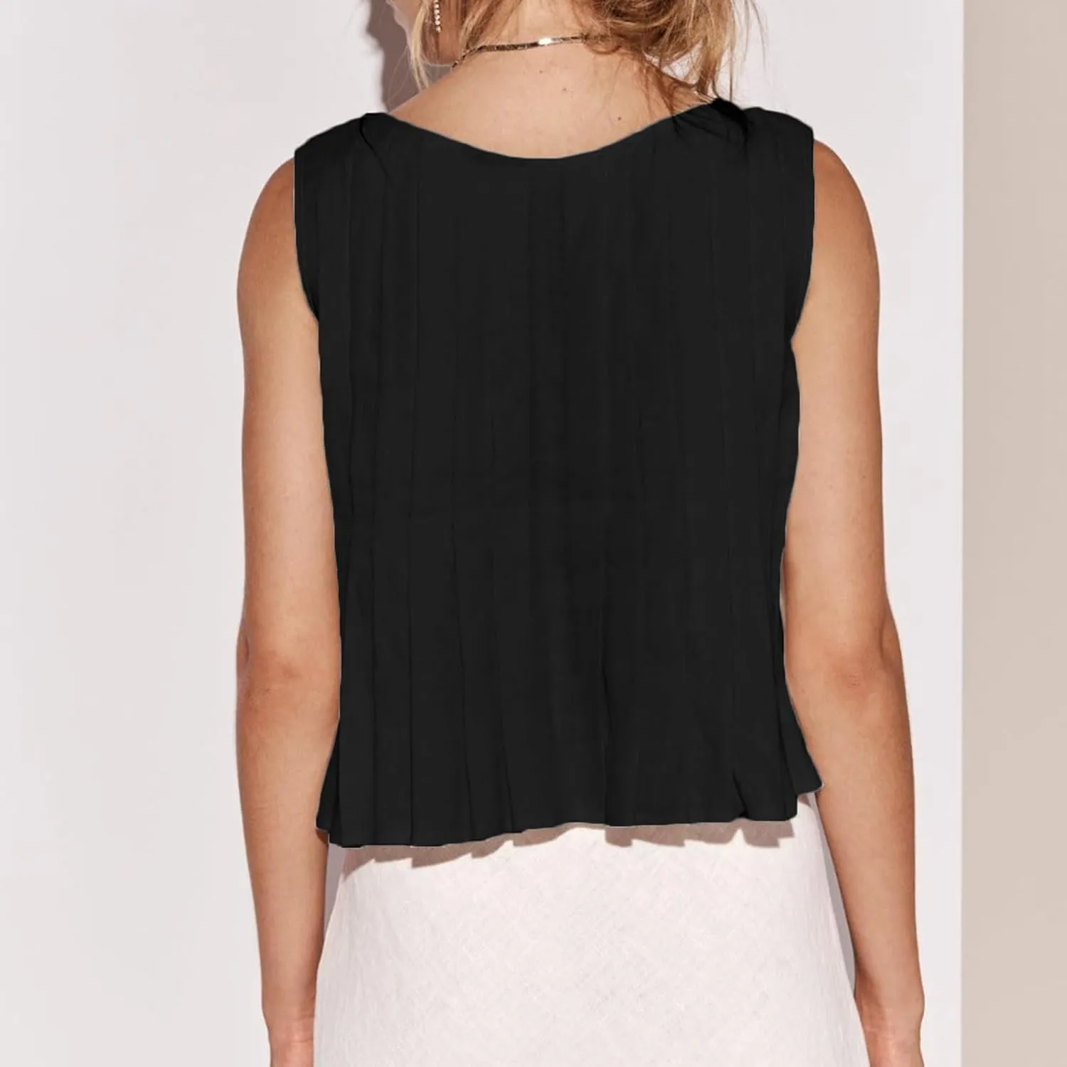 Women Bow Tie Front Vest Coquette Pleated Peplum Linen Tank Tops Y2k Cute Babydoll Tops