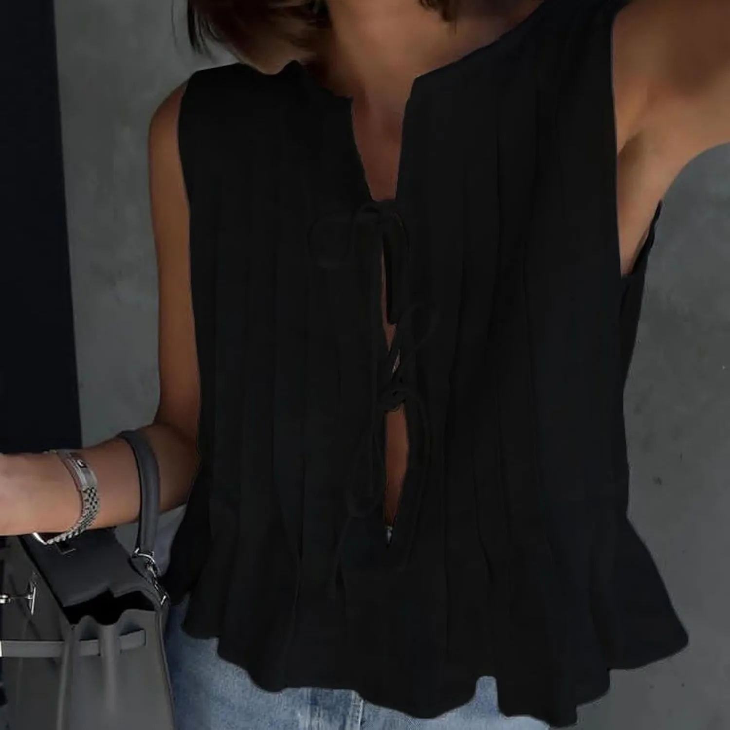 Women Bow Tie Front Vest Coquette Pleated Peplum Linen Tank Tops Y2k Cute Babydoll Tops