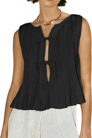 Women Bow Tie Front Vest Coquette Pleated Peplum Linen Tank Tops Y2k Cute Babydoll Tops