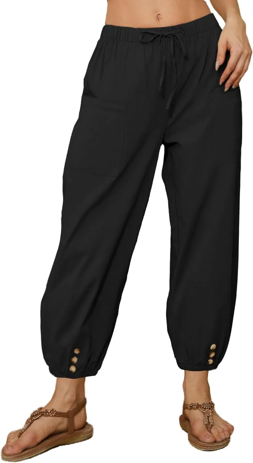 Women Capri Pants Casual Drawstring Elastic High Waist Baggy Wide Leg Cropped Pants Trousers for Ladies Summer