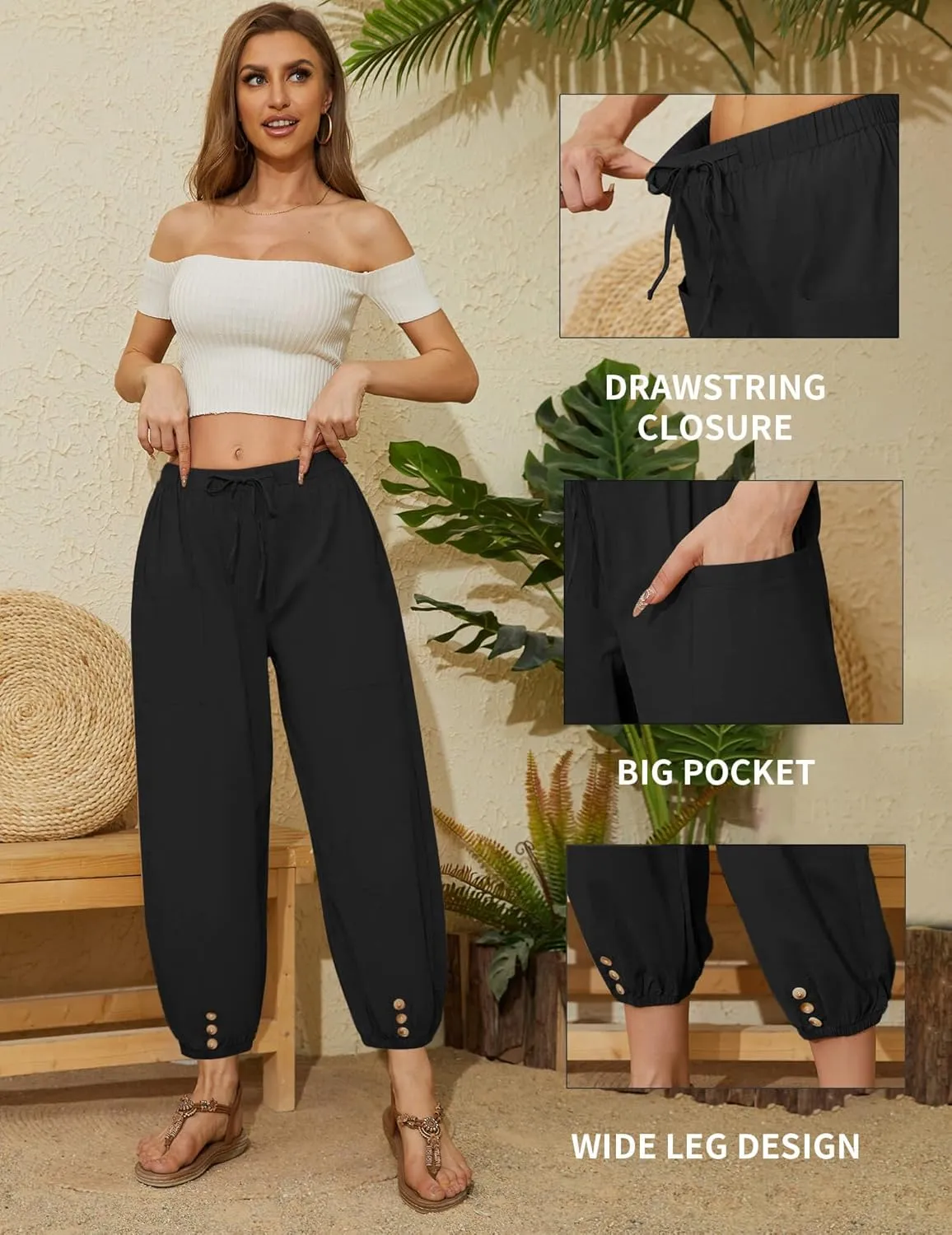 Women Capri Pants Casual Drawstring Elastic High Waist Baggy Wide Leg Cropped Pants Trousers for Ladies Summer