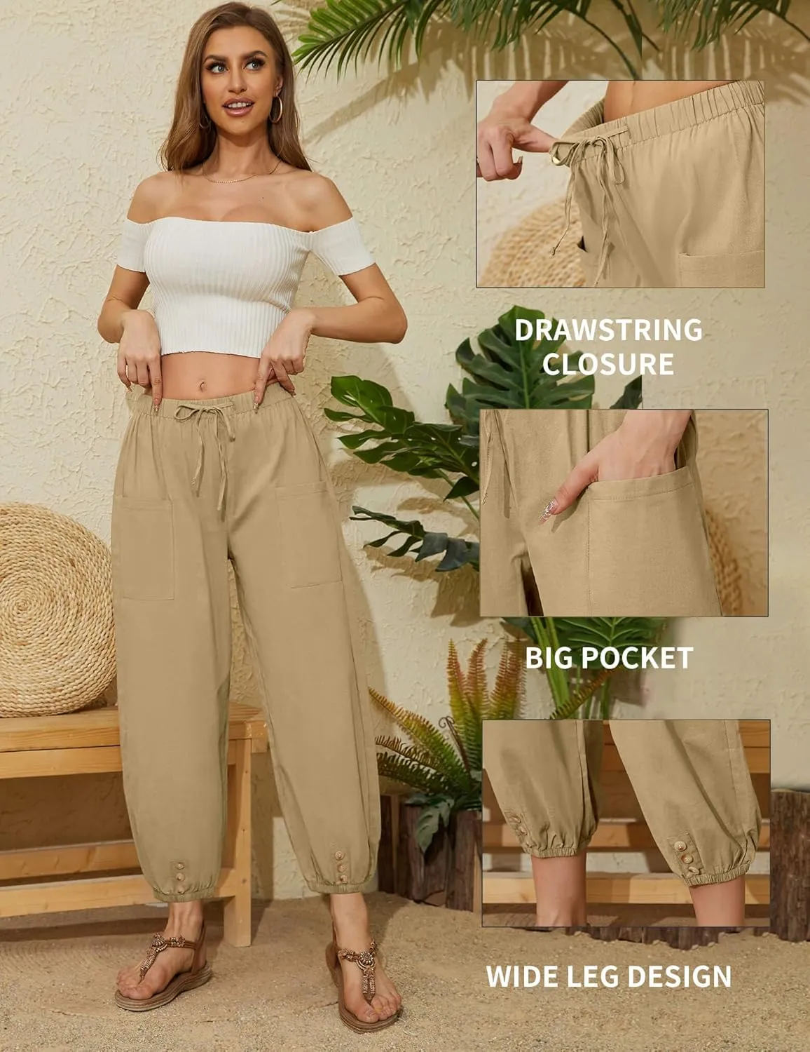 Women Capri Pants Casual Drawstring Elastic High Waist Baggy Wide Leg Cropped Pants Trousers for Ladies Summer