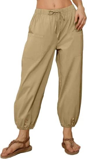 Women Capri Pants Casual Drawstring Elastic High Waist Baggy Wide Leg Cropped Pants Trousers for Ladies Summer