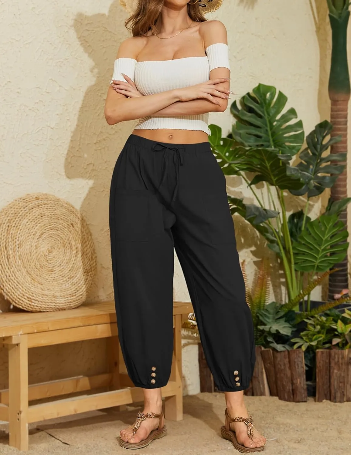 Women Capri Pants Casual Drawstring Elastic High Waist Baggy Wide Leg Cropped Pants Trousers for Ladies Summer