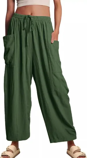Women Cotton Linen Wide Leg Baggy Pants Casual Drawstring Elastic Waist Harem Pant Loose Straight Leg Beach Pants with Pocket