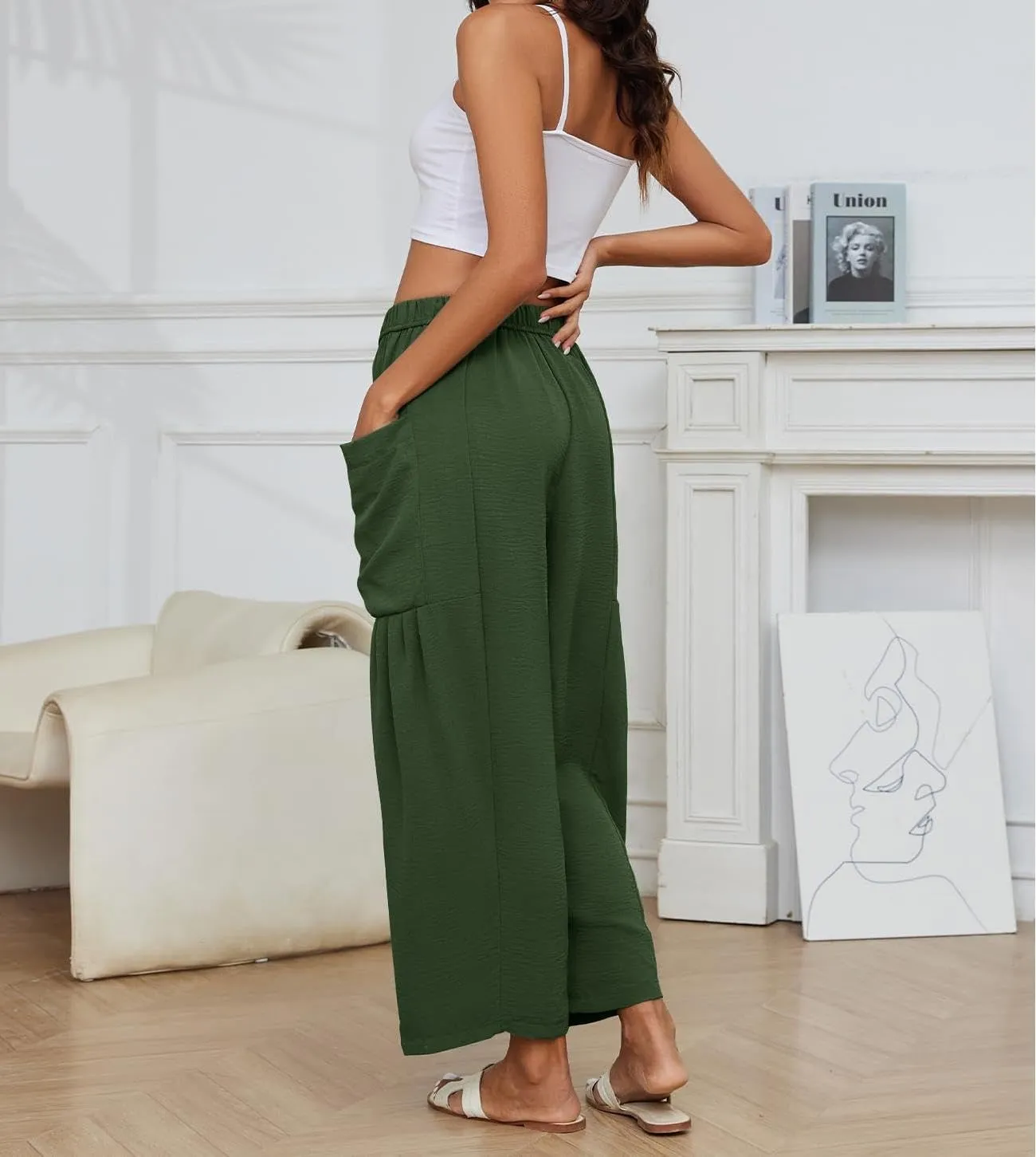 Women Cotton Linen Wide Leg Baggy Pants Casual Drawstring Elastic Waist Harem Pant Loose Straight Leg Beach Pants with Pocket