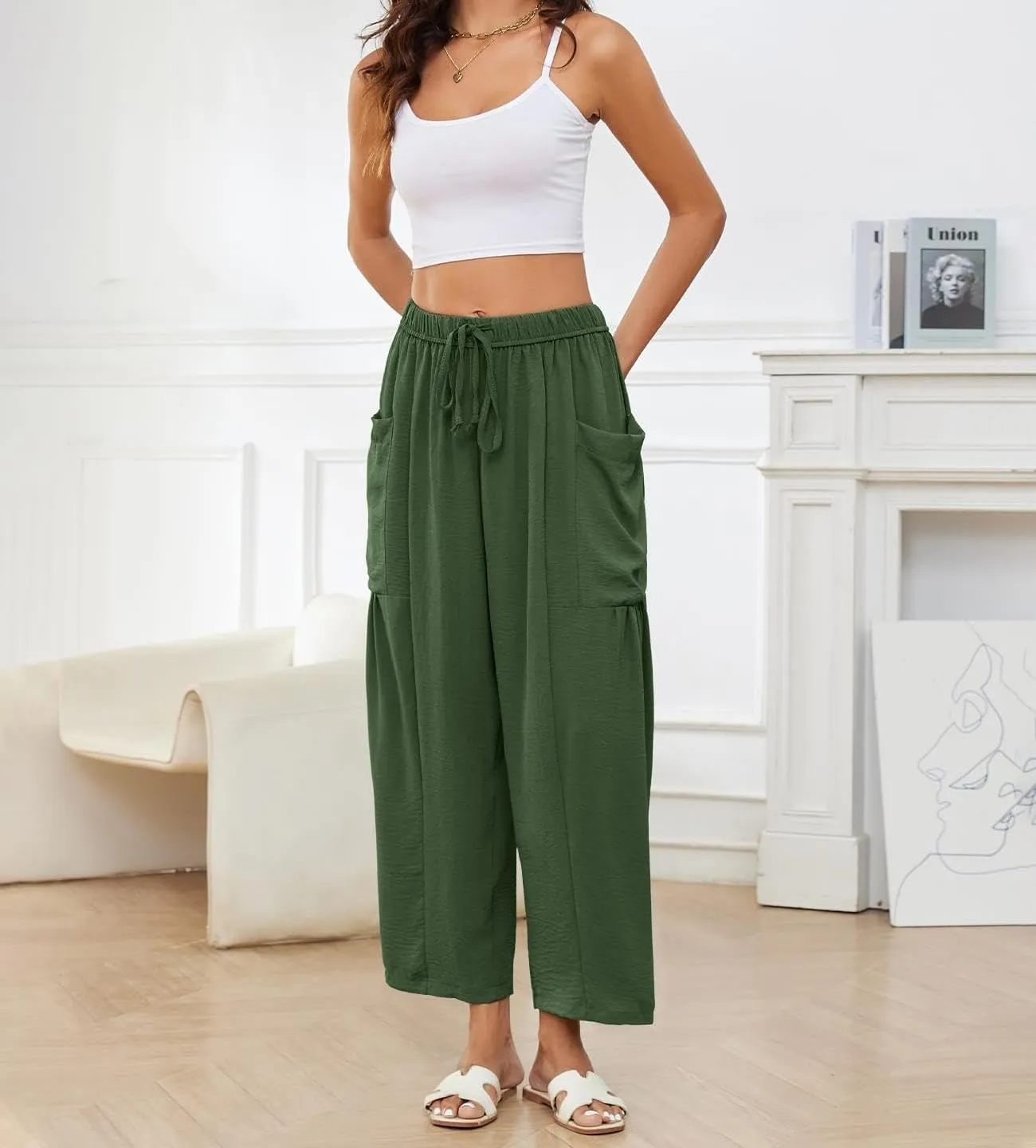 Women Cotton Linen Wide Leg Baggy Pants Casual Drawstring Elastic Waist Harem Pant Loose Straight Leg Beach Pants with Pocket