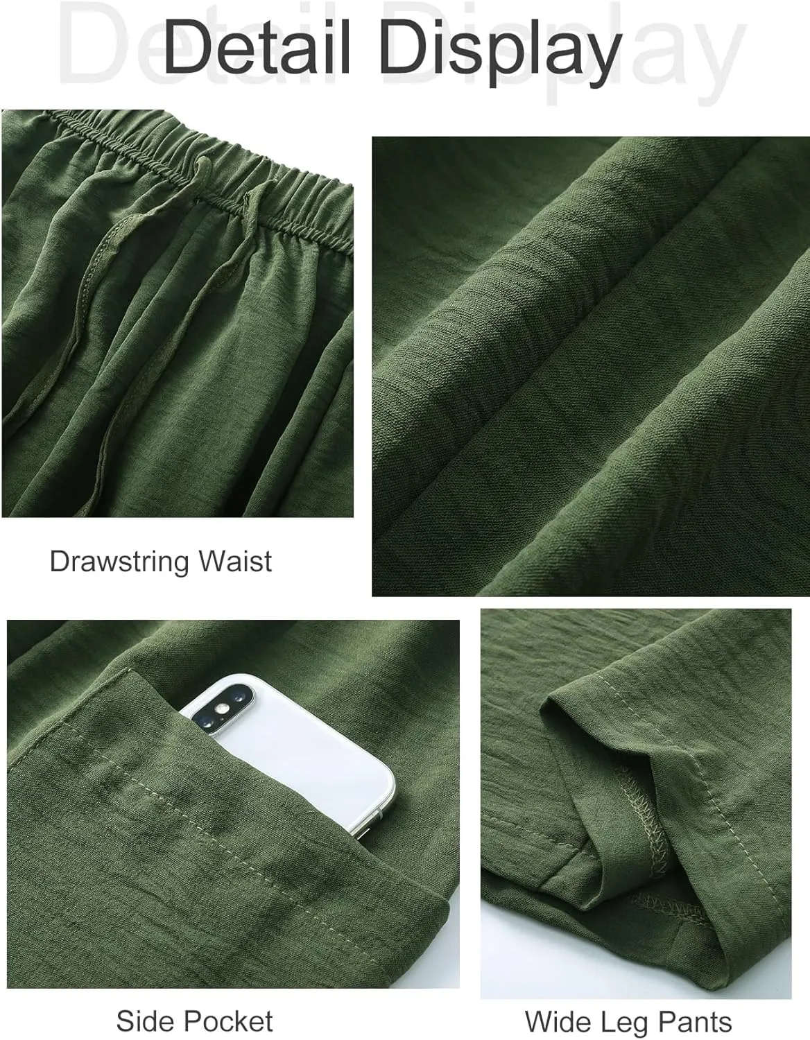 Women Cotton Linen Wide Leg Baggy Pants Casual Drawstring Elastic Waist Harem Pant Loose Straight Leg Beach Pants with Pocket