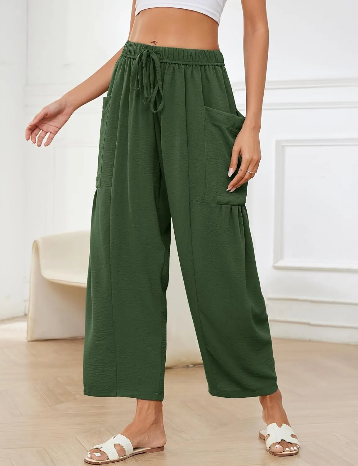 Women Cotton Linen Wide Leg Baggy Pants Casual Drawstring Elastic Waist Harem Pant Loose Straight Leg Beach Pants with Pocket