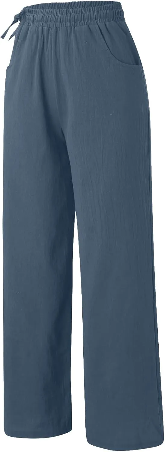 Women Cotton Linen Wide Leg Trousers High Waist Plus Size Lounge Pants Pockets Leisure Pant Causal Sweatpants