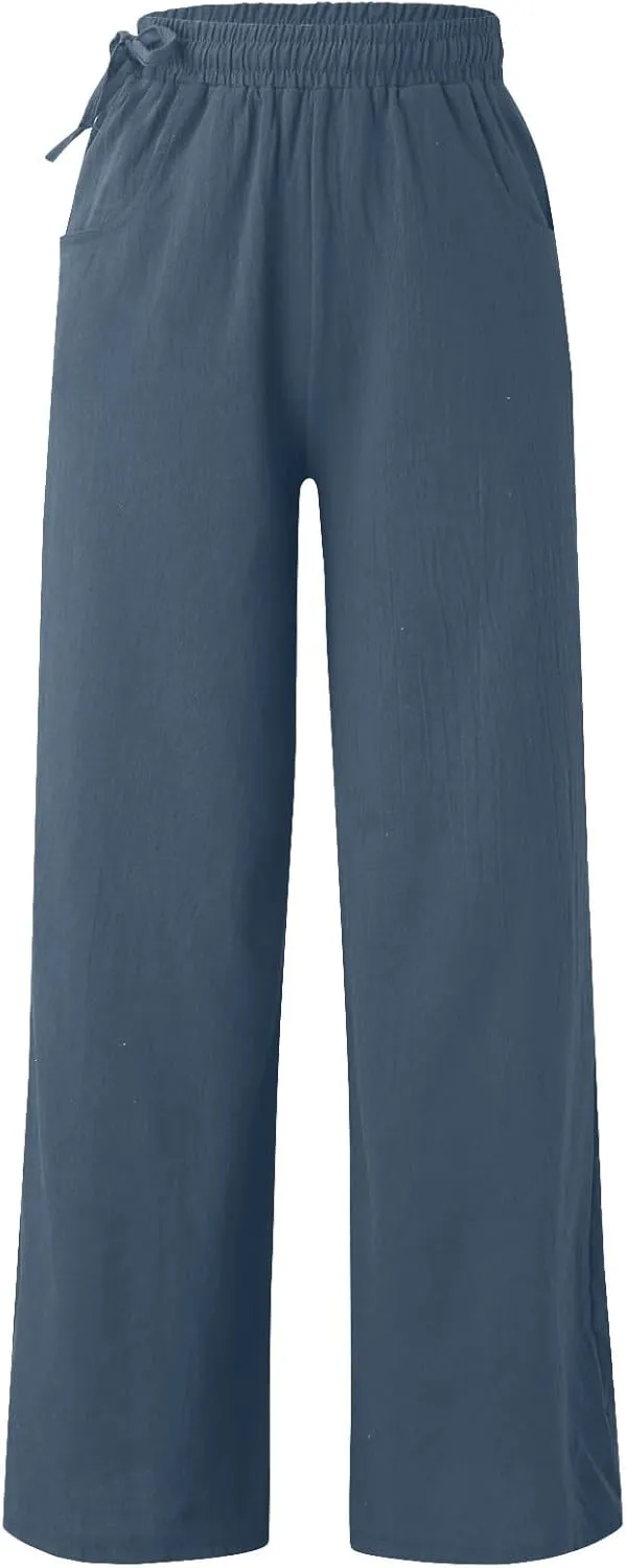 Women Cotton Linen Wide Leg Trousers High Waist Plus Size Lounge Pants Pockets Leisure Pant Causal Sweatpants