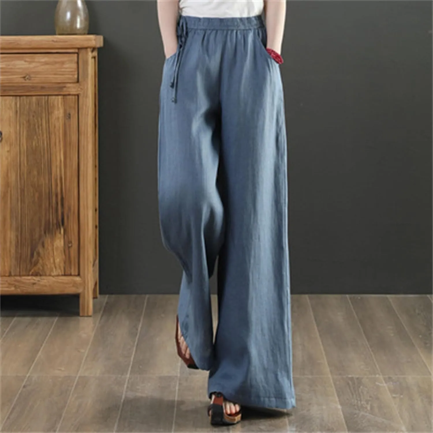 Women Cotton Linen Wide Leg Trousers High Waist Plus Size Lounge Pants Pockets Leisure Pant Causal Sweatpants
